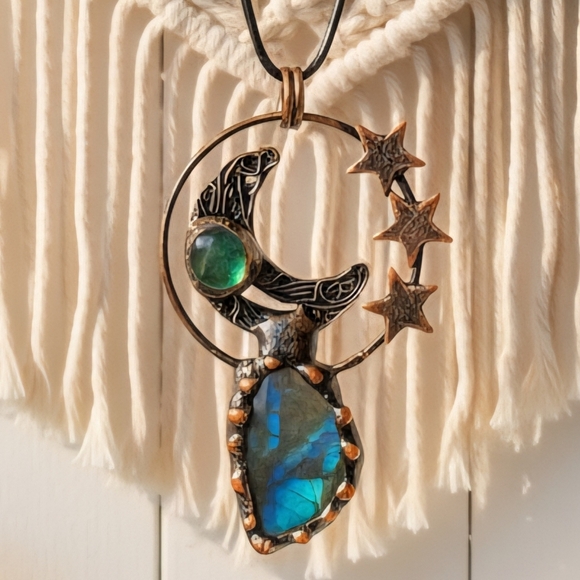 🆕️Natural Labradorite & Aventurine Crescent Moon Boho Chic Vintage Necklace 🌙 - Picture 1 of 13